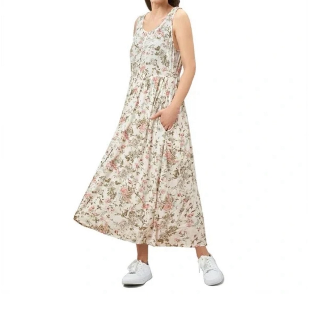 Frye Cream Floral Midi Dress with Pink and Green Print